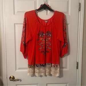 John Mark Vibrant Coral Blouse with Lace Hem